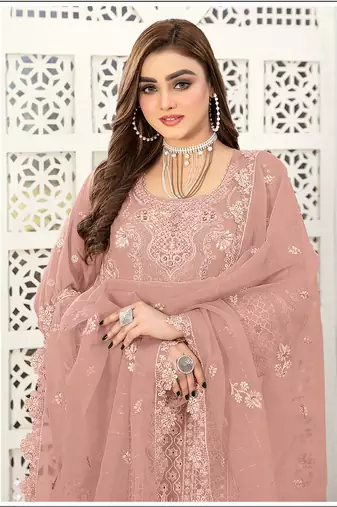Peach embroidered faux georgette salwar suit