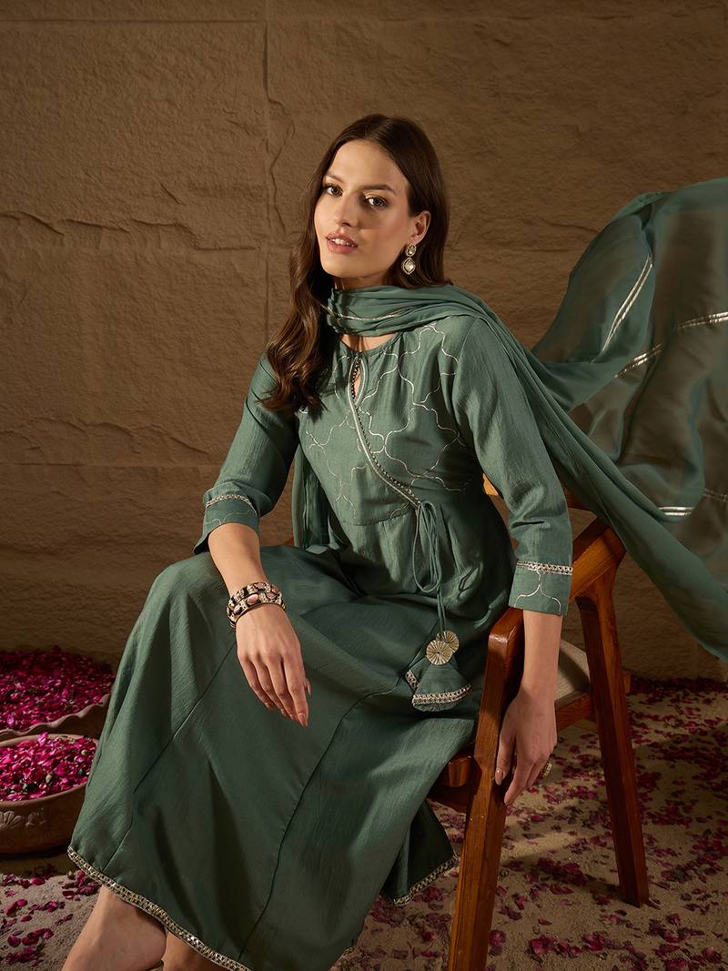 teal color solid poly silk styles kurta trouser with dupatta