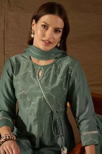 teal color solid poly silk styles kurta trouser with dupatta