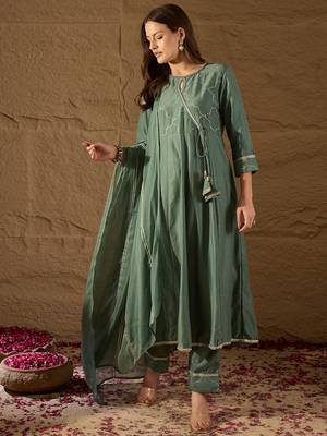 teal color solid poly silk styles kurta trouser with dupatta 3
