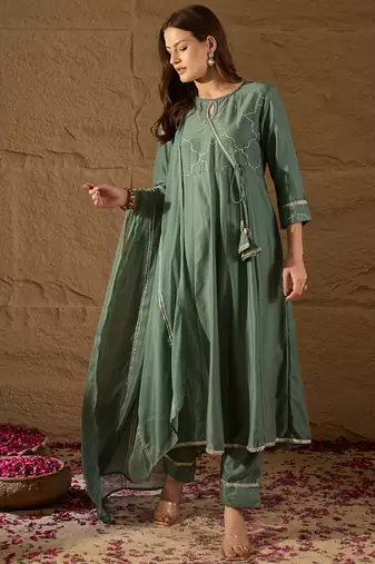 teal color solid poly silk styles kurta trouser with dupatta