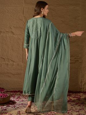 teal color solid poly silk styles kurta trouser with dupatta 4