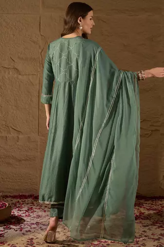 teal color solid poly silk styles kurta trouser with dupatta