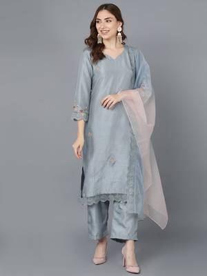 grey color embroidered poly silk styles kurta trouser with dupatta 1