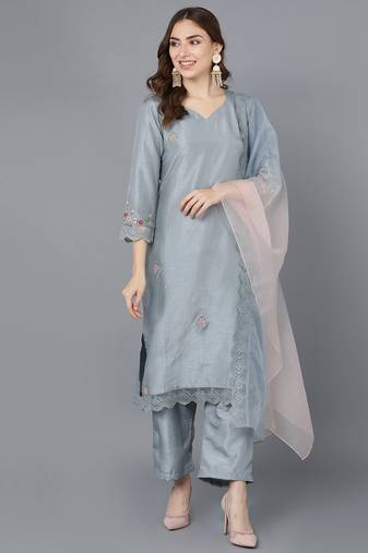 grey color embroidered poly silk styles kurta trouser with dupatta
