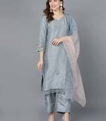 grey color embroidered poly silk styles kurta trouser with dupatta