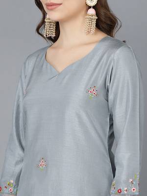 grey color embroidered poly silk styles kurta trouser with dupatta 2