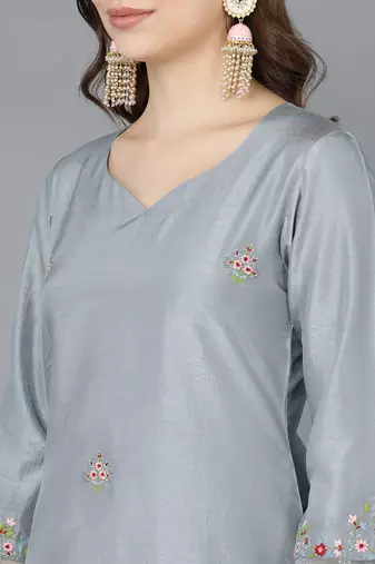 grey color embroidered poly silk styles kurta trouser with dupatta