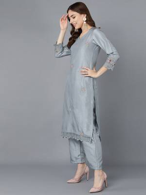 grey color embroidered poly silk styles kurta trouser with dupatta 3
