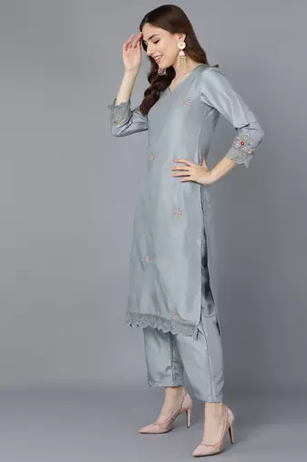 grey color embroidered poly silk styles kurta trouser with dupatta