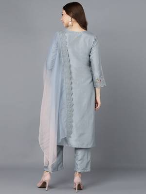 grey color embroidered poly silk styles kurta trouser with dupatta 4