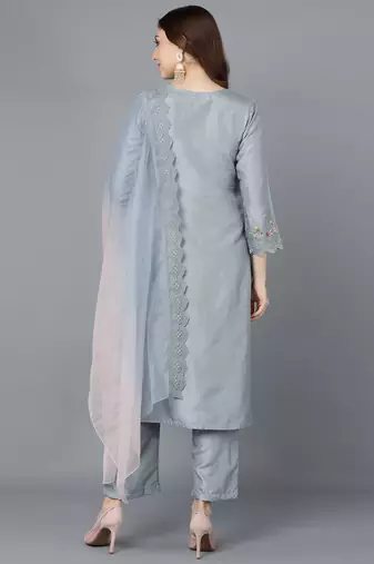 grey color embroidered poly silk styles kurta trouser with dupatta