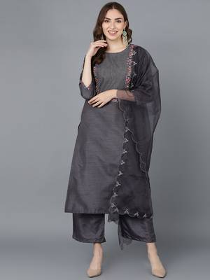 grey color embroidered poly silk styles kurta palazzo with dupatta 1