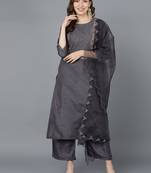 grey color embroidered poly silk styles kurta palazzo with dupatta