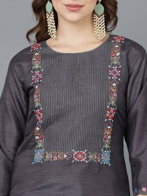 grey color embroidered poly silk styles kurta palazzo with dupatta 2