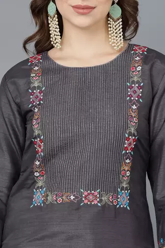 grey color embroidered poly silk styles kurta palazzo with dupatta