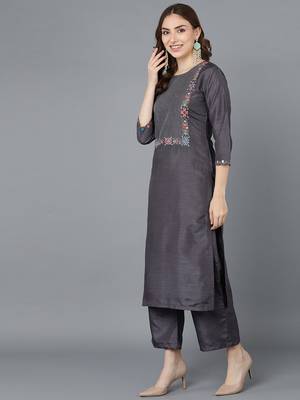 grey color embroidered poly silk styles kurta palazzo with dupatta 3