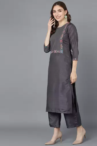 grey color embroidered poly silk styles kurta palazzo with dupatta