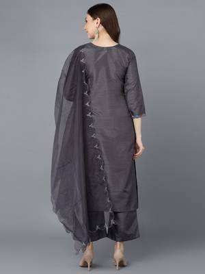 grey color embroidered poly silk styles kurta palazzo with dupatta 4