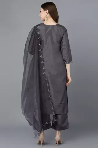 grey color embroidered poly silk styles kurta palazzo with dupatta