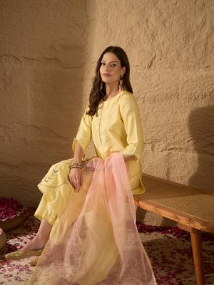 yellow color embroidered poly silk styles kurta trouser with dupatta 1