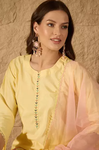 yellow color embroidered poly silk styles kurta trouser with dupatta