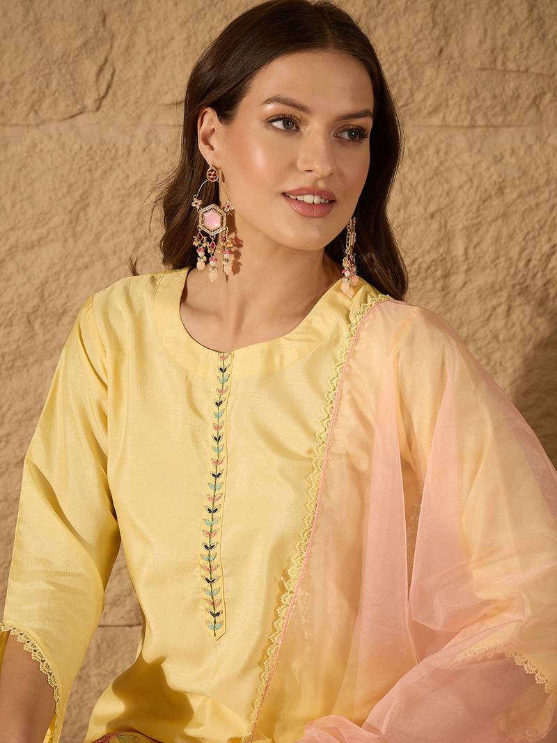 yellow color embroidered poly silk styles kurta trouser with dupatta