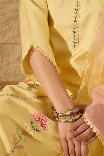 yellow color embroidered poly silk styles kurta trouser with dupatta