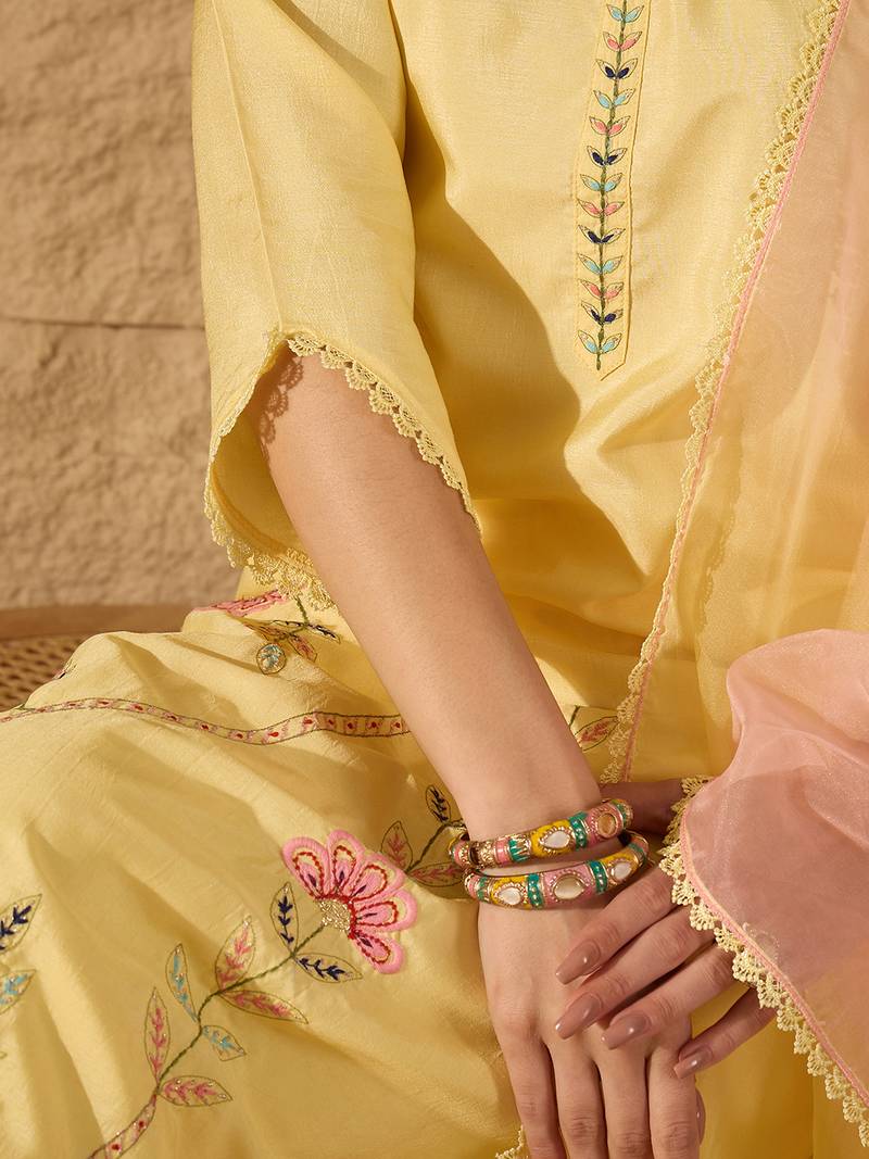 yellow color embroidered poly silk styles kurta trouser with dupatta