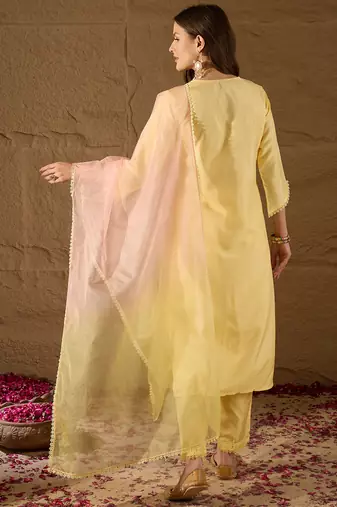 yellow color embroidered poly silk styles kurta trouser with dupatta