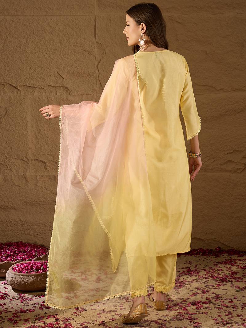 yellow color embroidered poly silk styles kurta trouser with dupatta