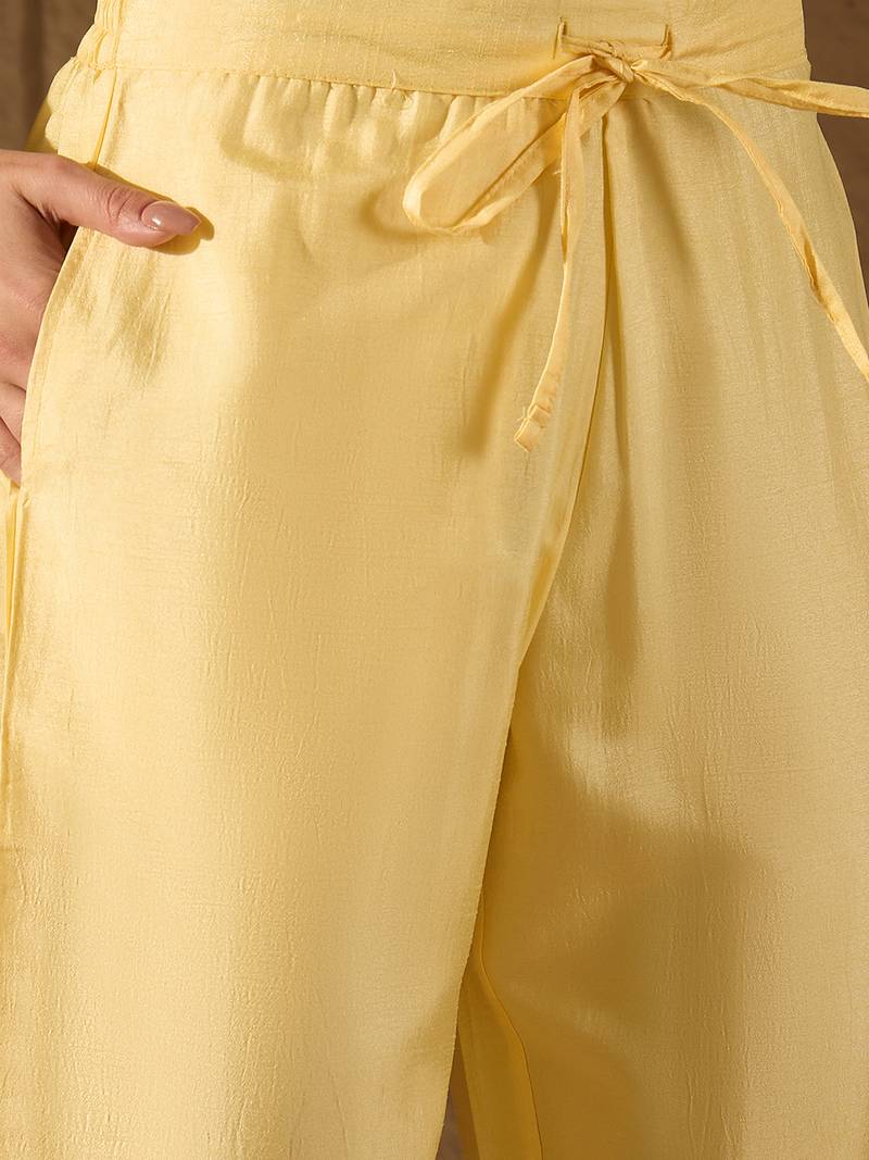 yellow color embroidered poly silk styles kurta trouser with dupatta