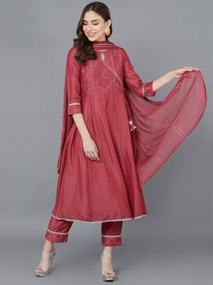 red color embroidered poly silk styles kurta trouser with dupatta 1