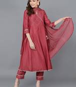 red color embroidered poly silk styles kurta trouser with dupatta