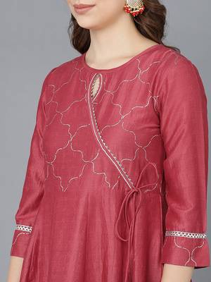 red color embroidered poly silk styles kurta trouser with dupatta 2