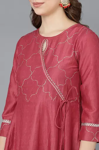 red color embroidered poly silk styles kurta trouser with dupatta