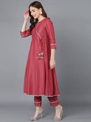 red color embroidered poly silk styles kurta trouser with dupatta 3
