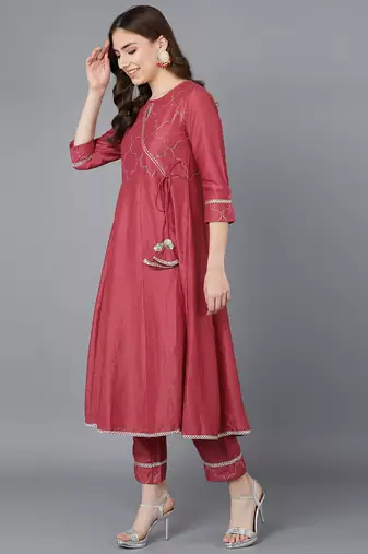 red color embroidered poly silk styles kurta trouser with dupatta