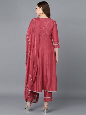 red color embroidered poly silk styles kurta trouser with dupatta 4