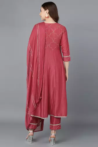 red color embroidered poly silk styles kurta trouser with dupatta