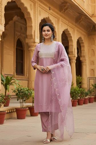 lavender color embroidered poly silk styles kurta trouser with dupatta