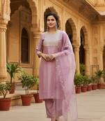 lavender color embroidered poly silk styles kurta trouser with dupatta