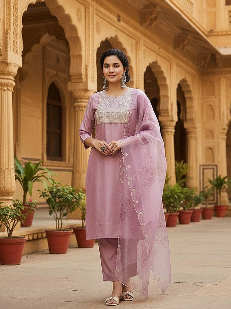 lavender color embroidered poly silk styles kurta trouser with dupatta