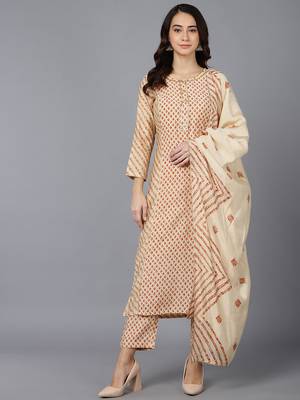 cream color printed poly silk styles kurta trouser with dupatta 1