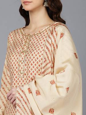 cream color printed poly silk styles kurta trouser with dupatta 2