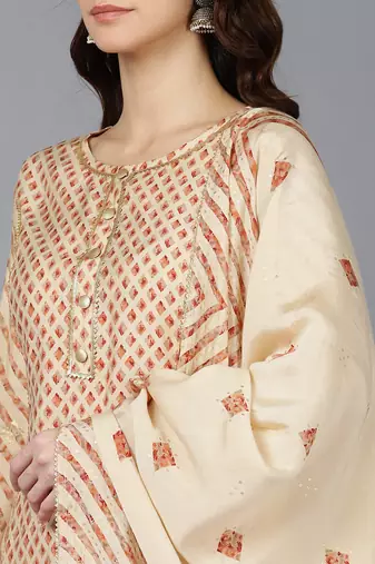 cream color printed poly silk styles kurta trouser with dupatta