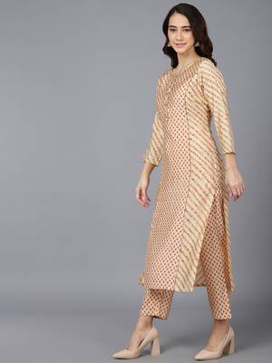 cream color printed poly silk styles kurta trouser with dupatta 3