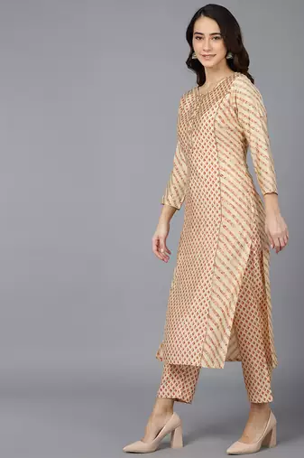 cream color printed poly silk styles kurta trouser with dupatta