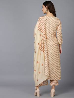 cream color printed poly silk styles kurta trouser with dupatta 4
