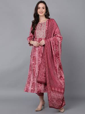 mauve color embroidered poly silk styles kurta trouser with dupatta 1